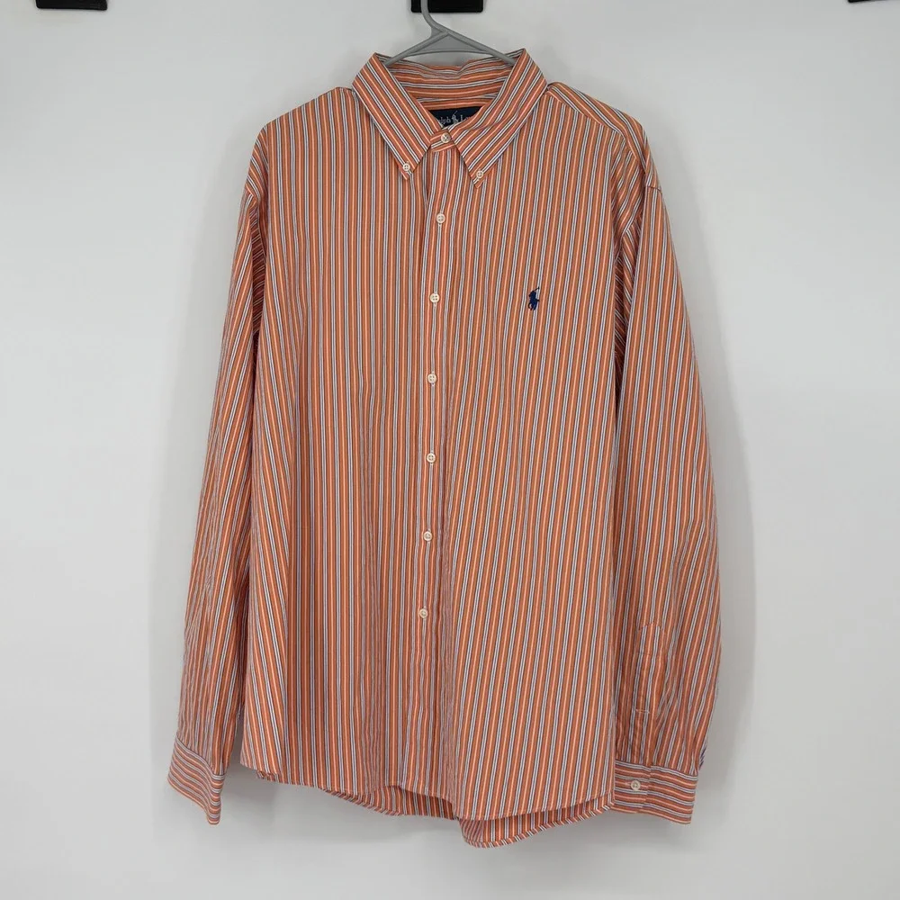 Polo Ralph Lauren Mens XXL Custom Fit‎ Button Down Shirt Orange Blue Stripe Logo